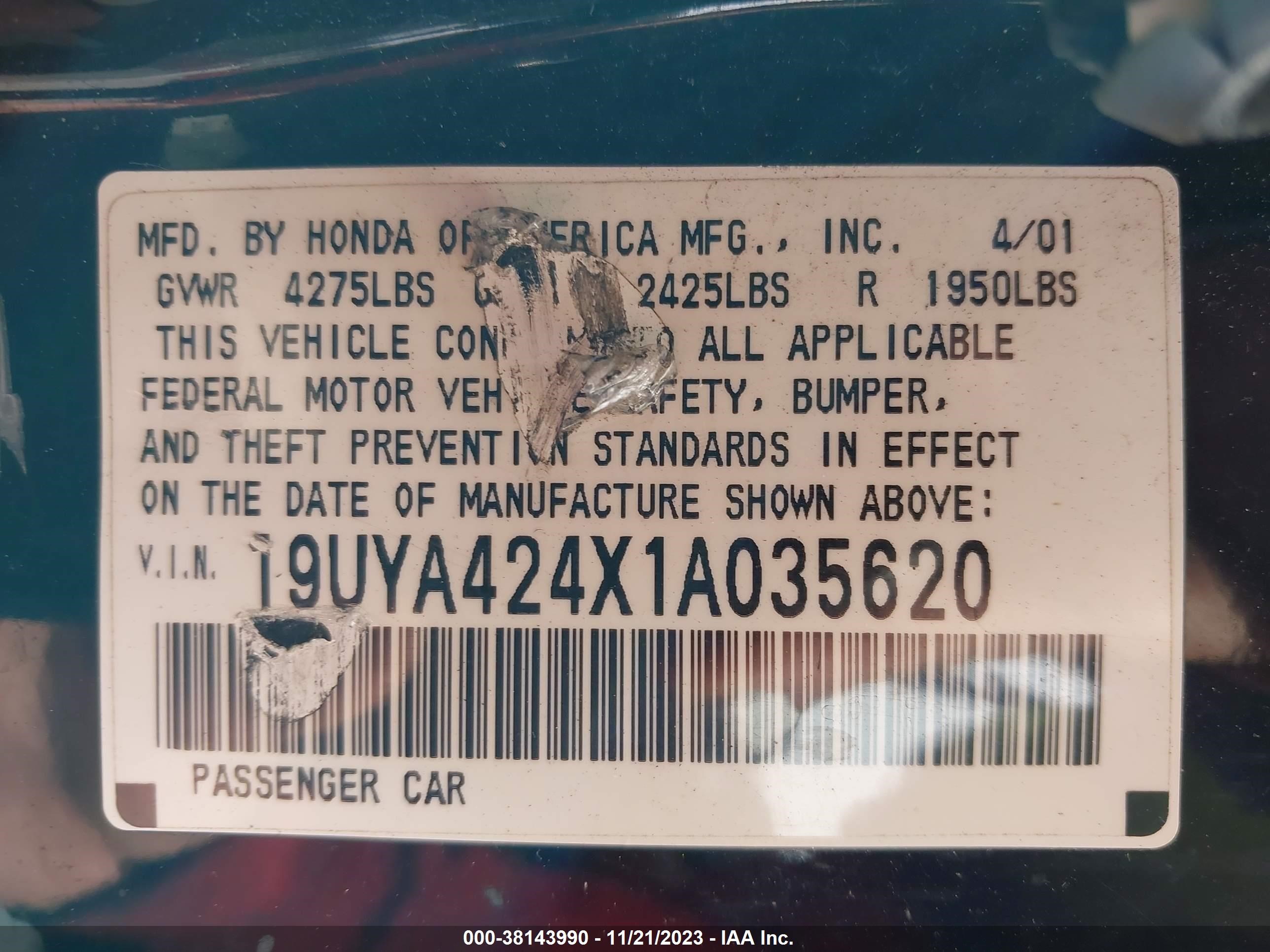 Photo 8 VIN: 19UYA424X1A035620 - ACURA CL 