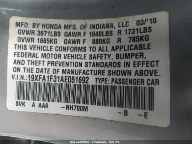 Photo 8 VIN: 19XFA1F31AE051692 - HONDA CIVIC SDN 