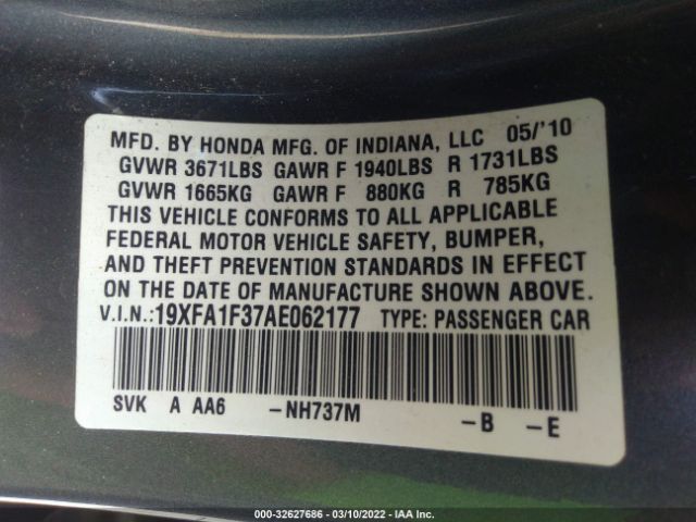 Photo 8 VIN: 19XFA1F37AE062177 - HONDA CIVIC SDN 