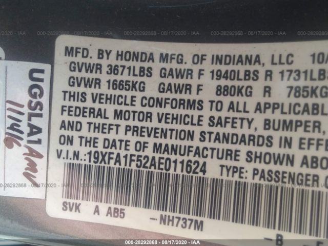 Photo 8 VIN: 19XFA1F52AE011624 - HONDA CIVIC SDN 