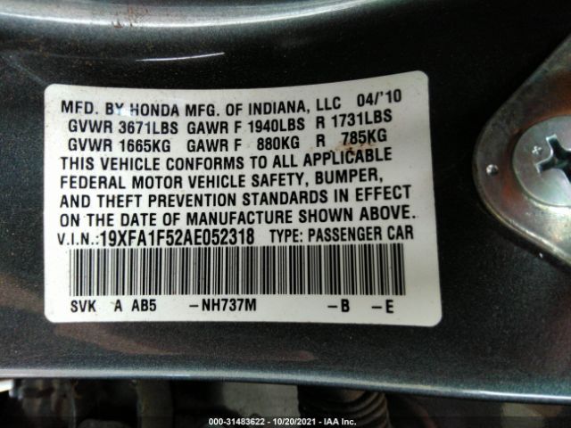 Photo 8 VIN: 19XFA1F52AE052318 - HONDA CIVIC SDN 