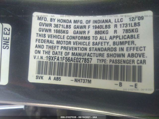 Photo 8 VIN: 19XFA1F56AE027857 - HONDA CIVIC SDN 