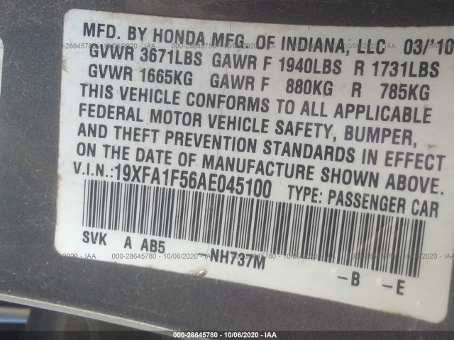 Photo 8 VIN: 19XFA1F56AE045100 - HONDA CIVIC SDN 