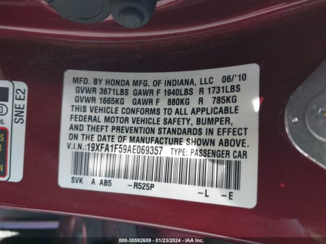 Photo 8 VIN: 19XFA1F59AE069357 - HONDA CIVIC 