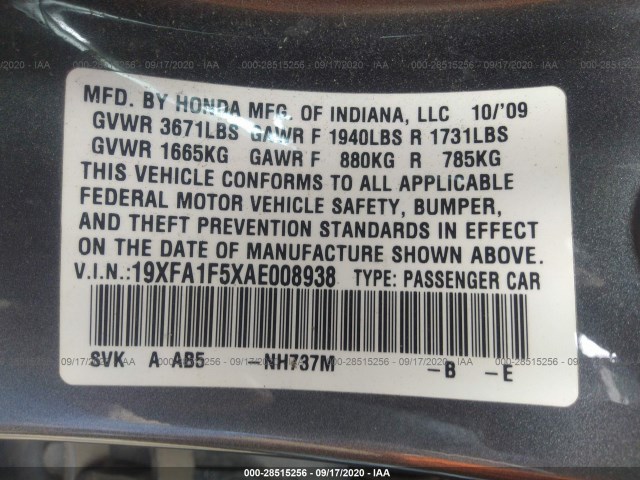 Photo 8 VIN: 19XFA1F5XAE008938 - HONDA CIVIC SDN 