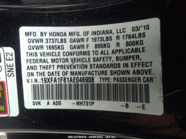 Photo 8 VIN: 19XFA1F81AE046908 - HONDA CIVIC SDN 