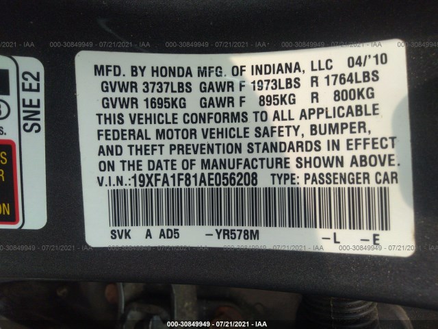 Photo 8 VIN: 19XFA1F81AE056208 - HONDA CIVIC SDN 