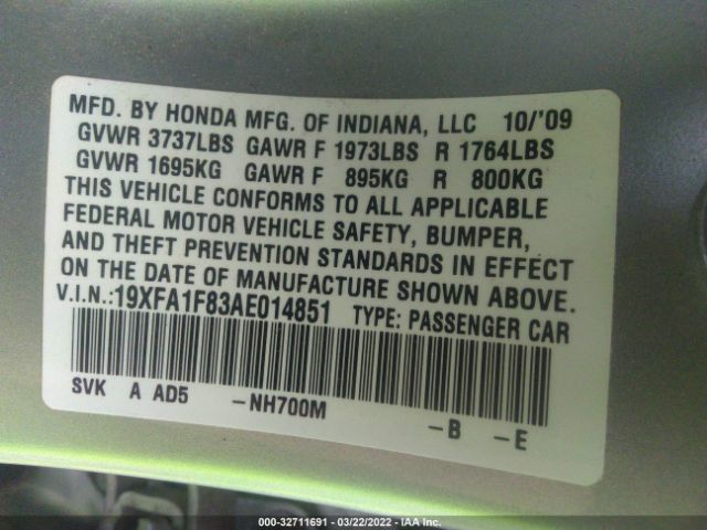 Photo 8 VIN: 19XFA1F83AE014851 - HONDA CIVIC SDN 