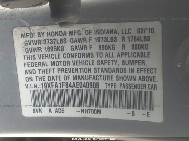 Photo 8 VIN: 19XFA1F84AE040908 - HONDA CIVIC SDN 