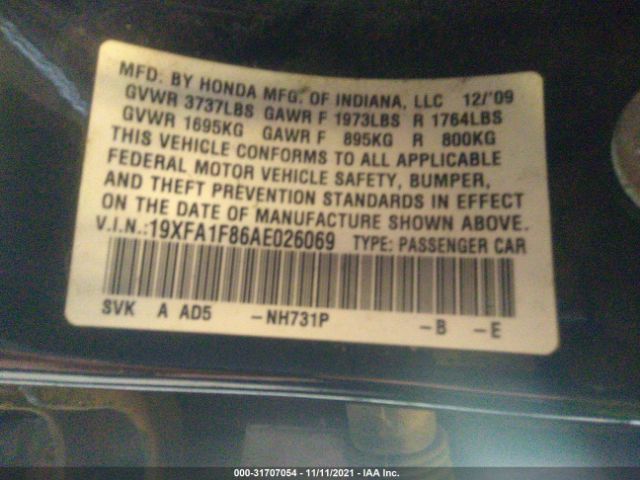 Photo 8 VIN: 19XFA1F86AE026069 - HONDA CIVIC SDN 