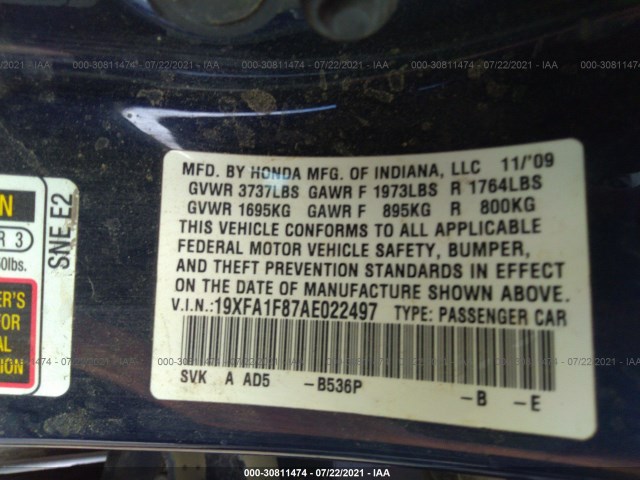 Photo 8 VIN: 19XFA1F87AE022497 - HONDA CIVIC SDN 