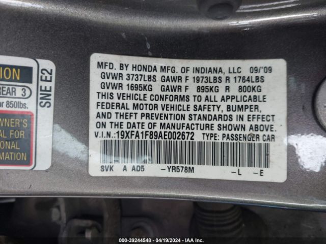 Photo 8 VIN: 19XFA1F89AE002672 - HONDA CIVIC 