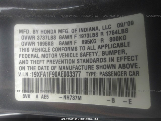 Photo 8 VIN: 19XFA1F90AE003377 - HONDA CIVIC SDN 