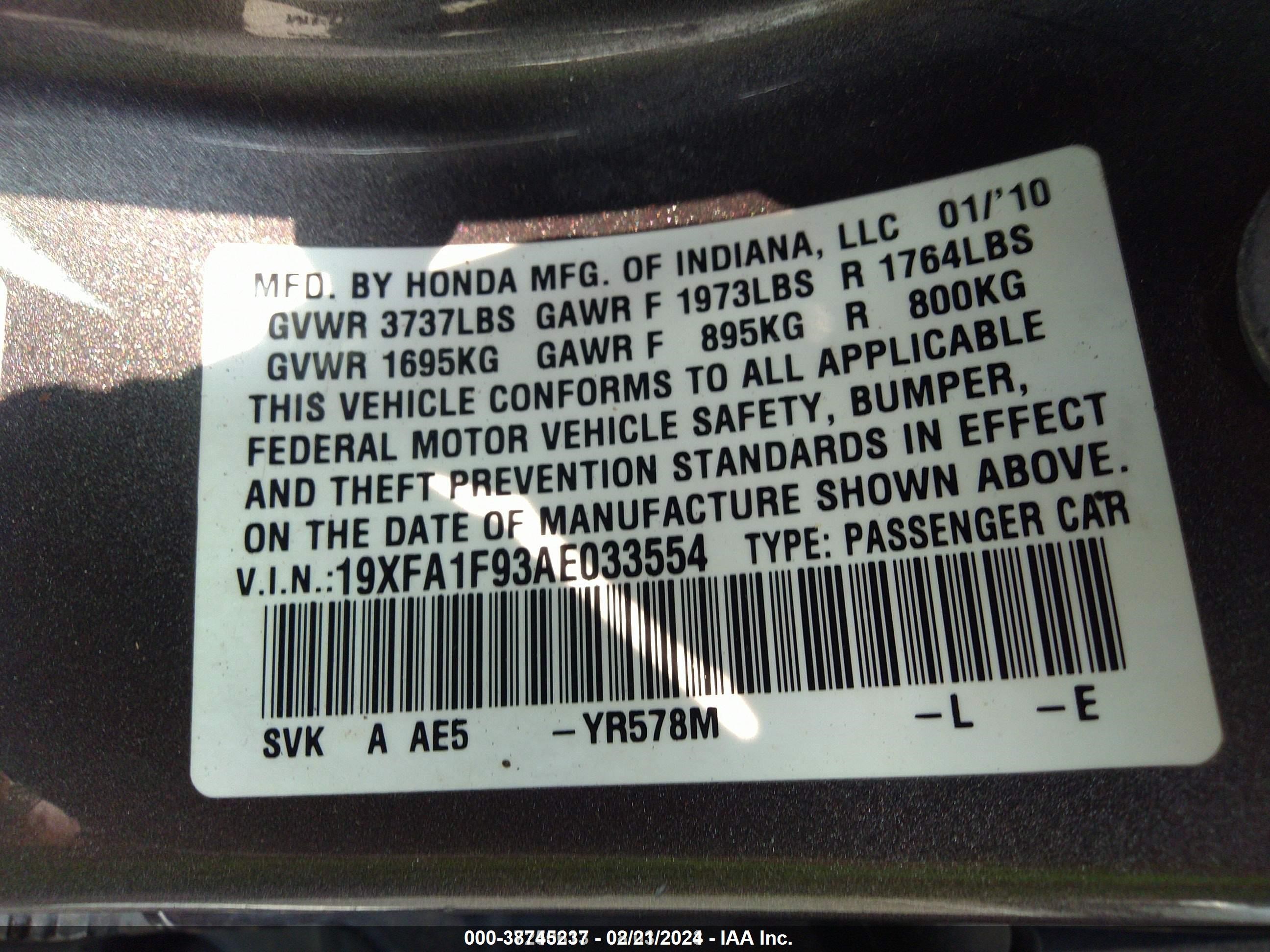 Photo 9 VIN: 19XFA1F93AE033554 - HONDA CIVIC 