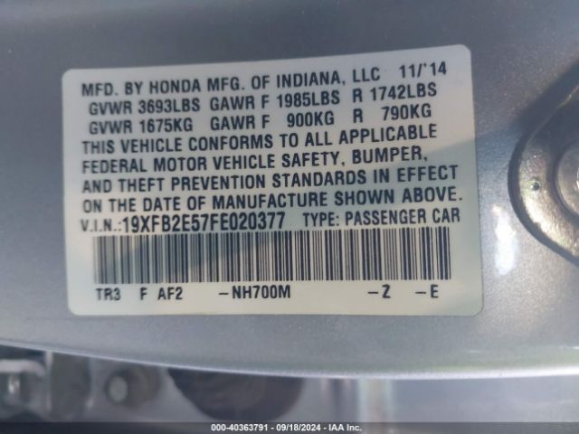 Photo 8 VIN: 19XFB2E57FE020377 - HONDA CIVIC 