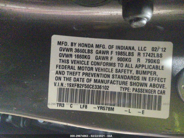 Photo 8 VIN: 19XFB2F50CE336102 - HONDA CIVIC SDN 