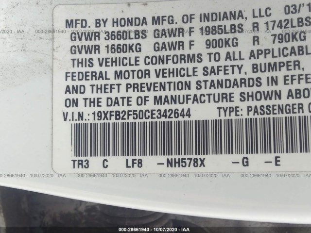 Photo 8 VIN: 19XFB2F50CE342644 - HONDA CIVIC SDN 