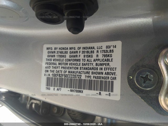 Photo 8 VIN: 19XFB2F50EE035722 - HONDA CIVIC SEDAN 