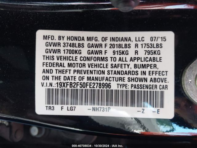 Photo 8 VIN: 19XFB2F50FE278996 - HONDA CIVIC 