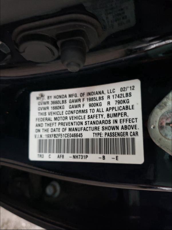 Photo 9 VIN: 19XFB2F51CE046645 - HONDA CIVIC LX 