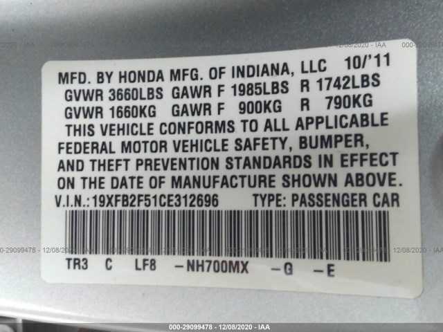 Photo 8 VIN: 19XFB2F51CE312696 - HONDA CIVIC SDN 