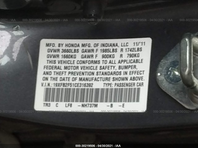 Photo 8 VIN: 19XFB2F51CE316392 - HONDA CIVIC SDN 