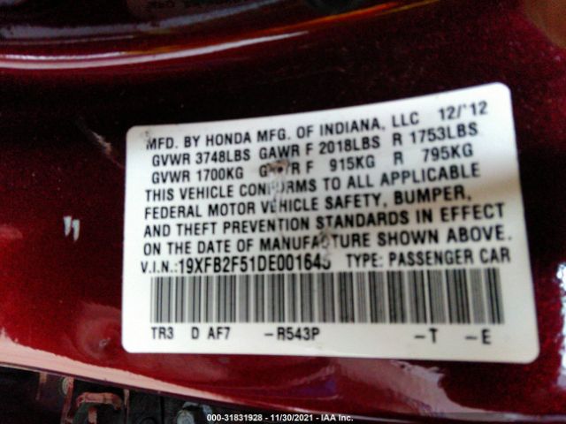 Photo 8 VIN: 19XFB2F51DE001643 - HONDA CIVIC SDN 