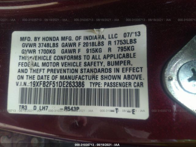 Photo 8 VIN: 19XFB2F51DE263386 - HONDA CIVIC SDN 