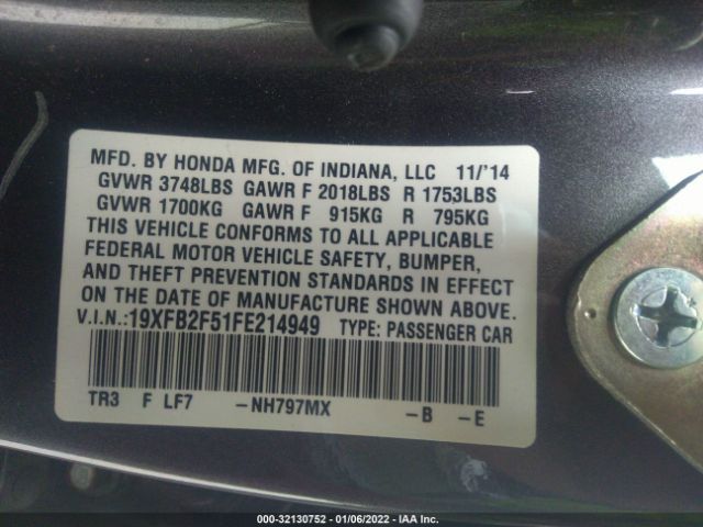 Photo 8 VIN: 19XFB2F51FE214949 - HONDA CIVIC SEDAN 