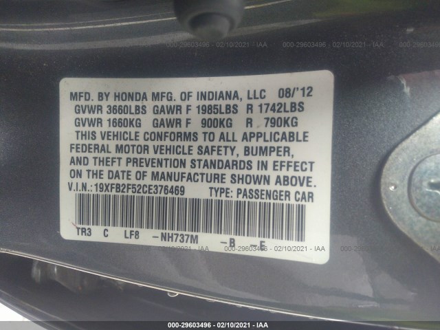 Photo 8 VIN: 19XFB2F52CE376469 - HONDA CIVIC SDN 