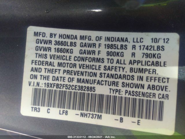 Photo 8 VIN: 19XFB2F52CE382885 - HONDA CIVIC SDN 