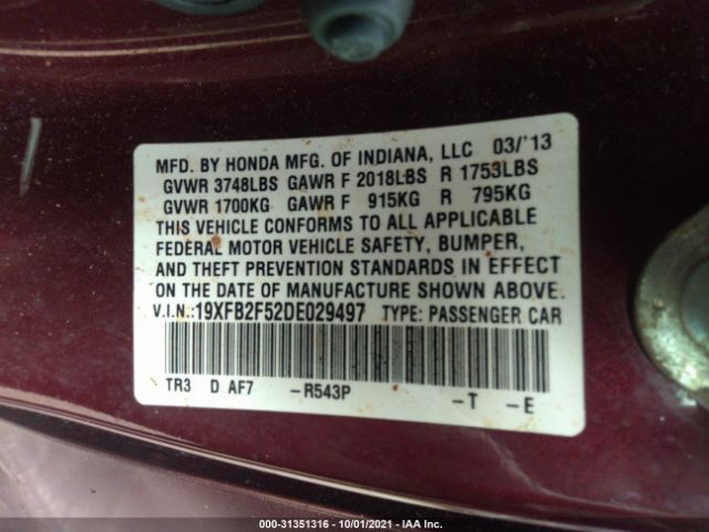 Photo 8 VIN: 19XFB2F52DE029497 - HONDA CIVIC SDN 