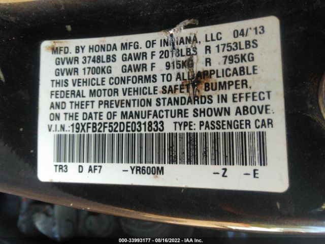 Photo 8 VIN: 19XFB2F52DE031833 - HONDA CIVIC SDN 