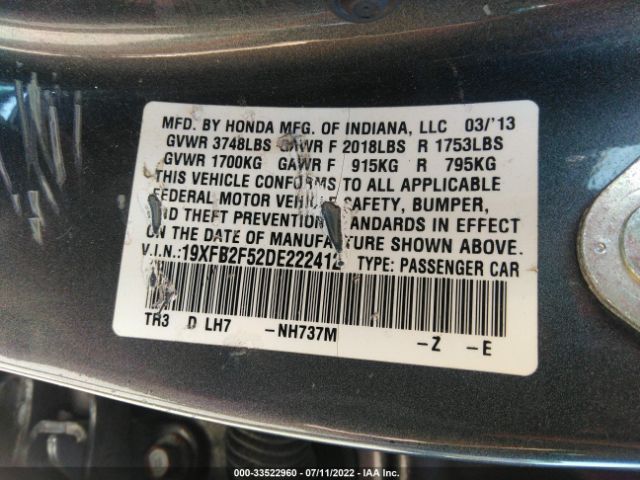 Photo 8 VIN: 19XFB2F52DE222412 - HONDA CIVIC SDN 