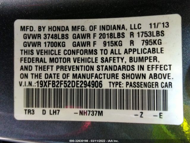 Photo 8 VIN: 19XFB2F52DE294906 - HONDA CIVIC SDN 