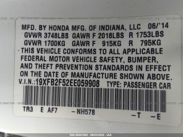 Photo 8 VIN: 19XFB2F52EE059908 - HONDA CIVIC SEDAN 