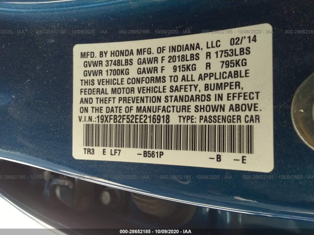 Photo 8 VIN: 19XFB2F52EE216918 - HONDA CIVIC SEDAN 