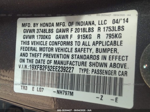 Photo 8 VIN: 19XFB2F52EE239227 - HONDA CIVIC SEDAN 