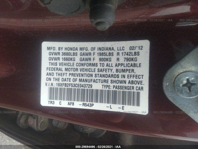 Photo 8 VIN: 19XFB2F53CE043729 - HONDA CIVIC SDN 