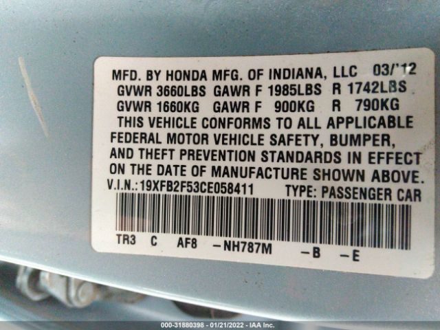 Photo 8 VIN: 19XFB2F53CE058411 - HONDA CIVIC SDN 