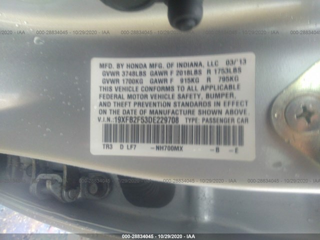 Photo 8 VIN: 19XFB2F53DE229708 - HONDA CIVIC SDN 