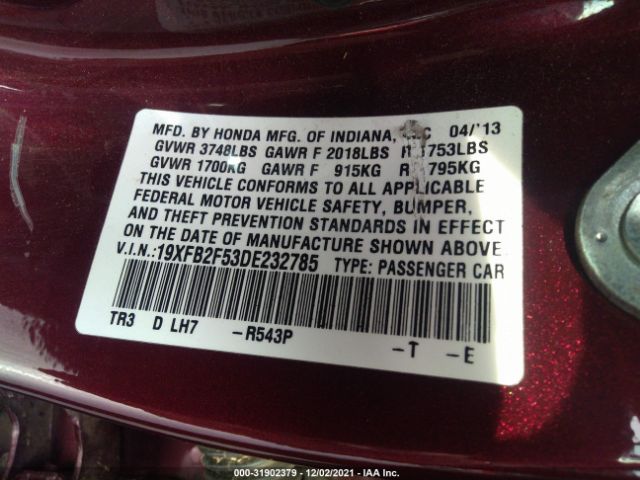 Photo 8 VIN: 19XFB2F53DE232785 - HONDA CIVIC SDN 