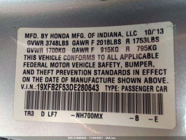 Photo 8 VIN: 19XFB2F53DE280643 - HONDA CIVIC SDN 