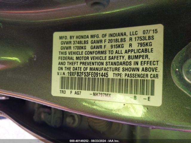 Photo 8 VIN: 19XFB2F53FE091445 - HONDA CIVIC 