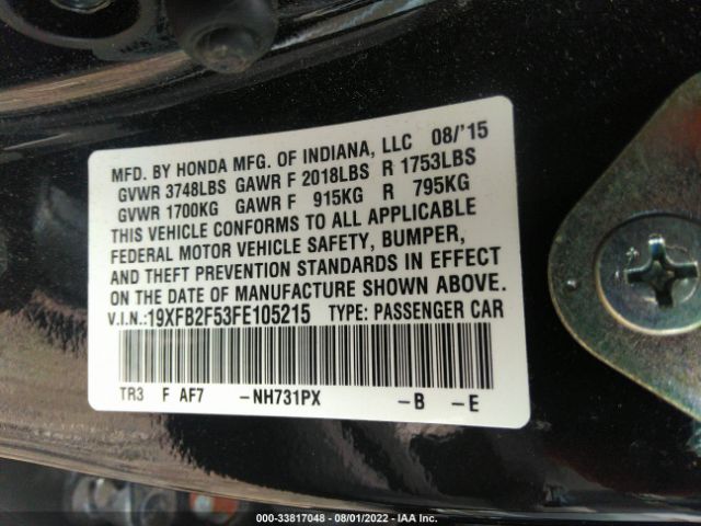 Photo 8 VIN: 19XFB2F53FE105215 - HONDA CIVIC SEDAN 