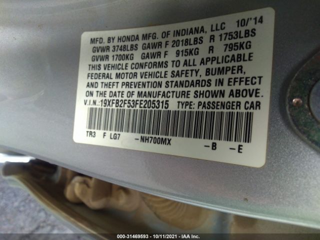 Photo 8 VIN: 19XFB2F53FE205315 - HONDA CIVIC SEDAN 