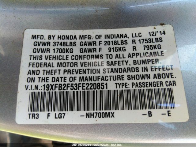 Photo 8 VIN: 19XFB2F53FE220851 - HONDA CIVIC 