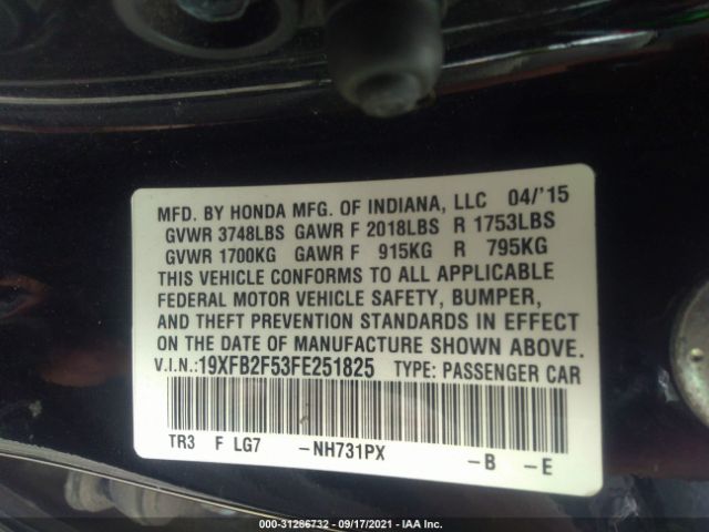 Photo 8 VIN: 19XFB2F53FE251825 - HONDA CIVIC SEDAN 