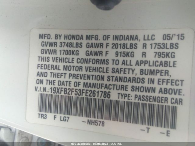 Photo 8 VIN: 19XFB2F53FE261786 - HONDA CIVIC SEDAN 