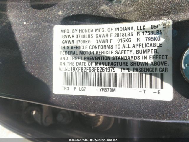 Photo 8 VIN: 19XFB2F53FE261979 - HONDA CIVIC SEDAN 